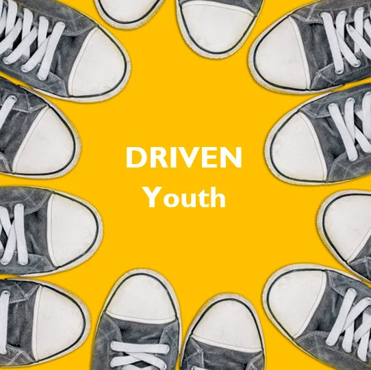 DRIVEN Youth’s yellow artwork with a circle of sneakers